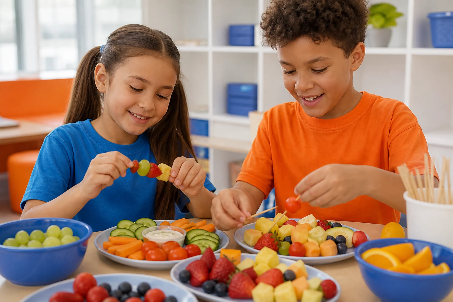 Children preparing colourful fruit skewers and vegetable snack plates