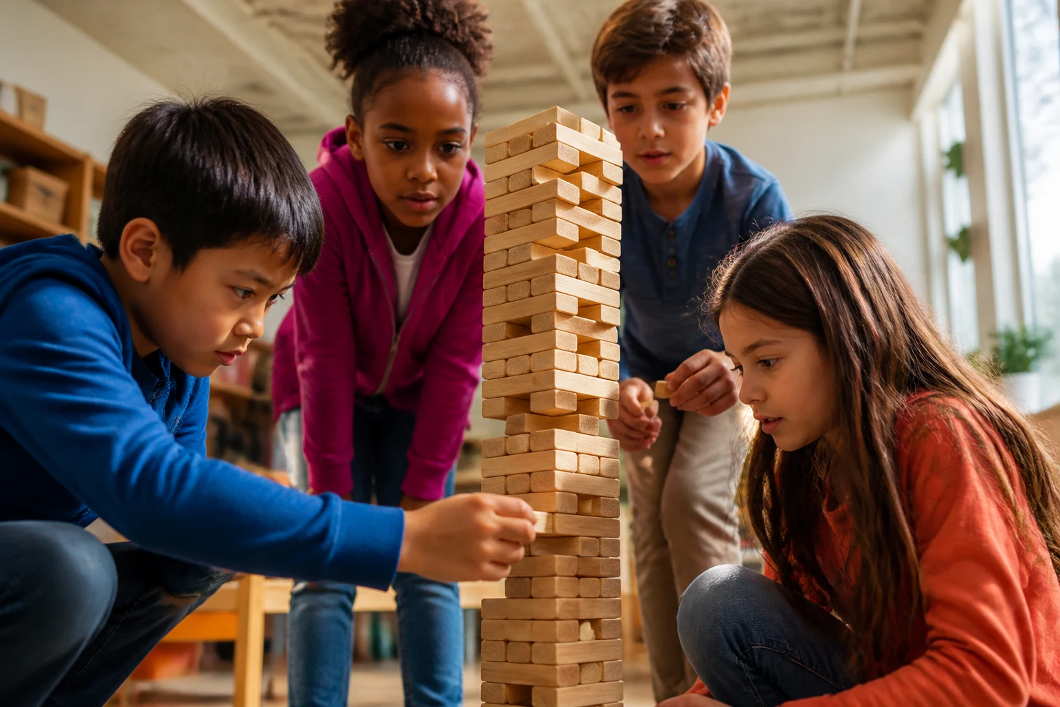 Children taking on a wooden block tower challenge