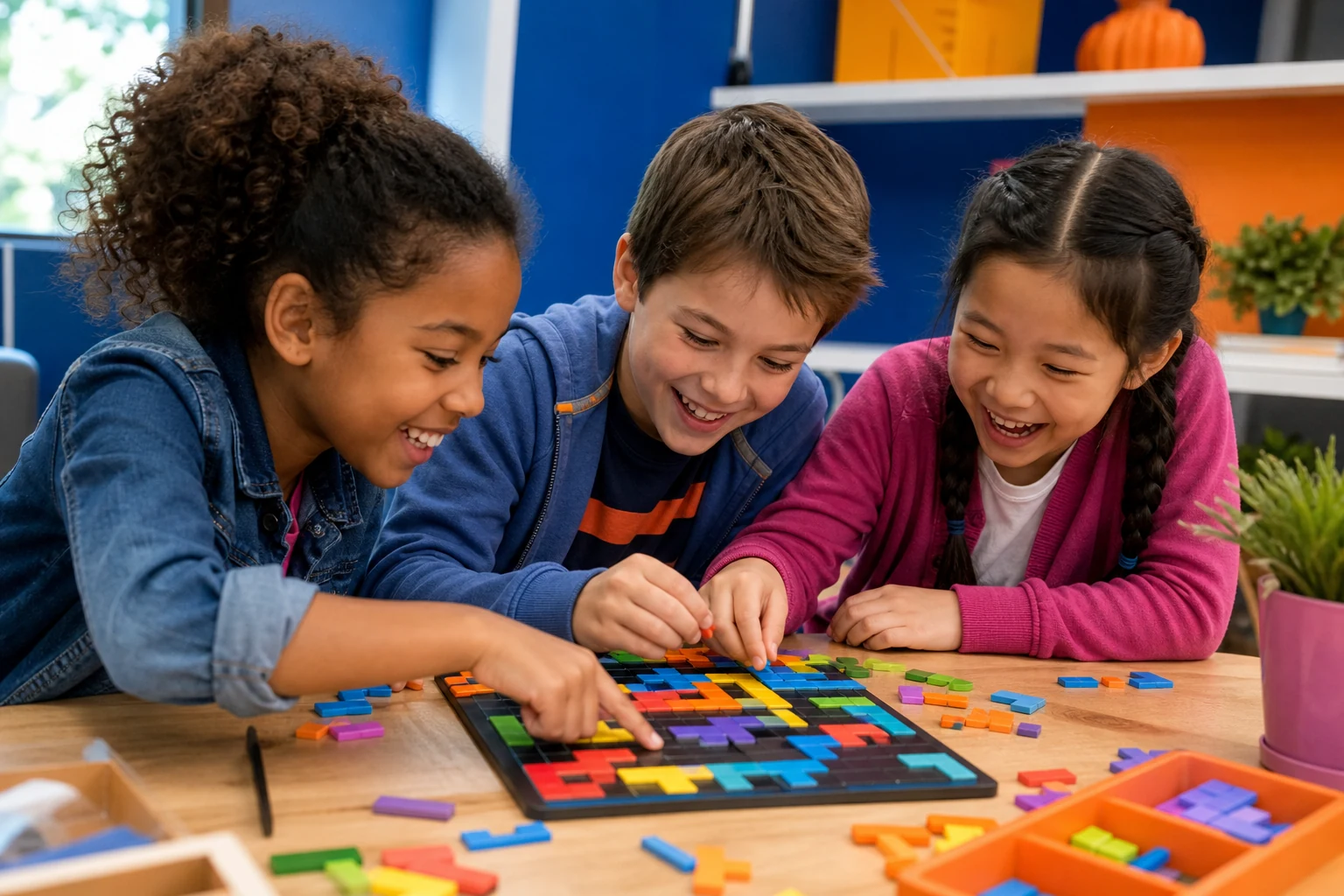 Children laughing while solving a colourful logic puzzle