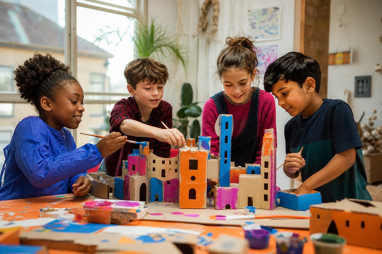 Children painting a large handmade cardboard city