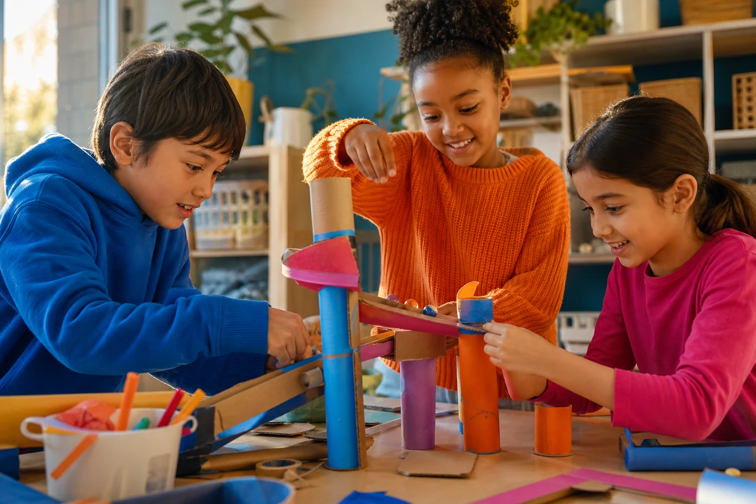 Children building a colourful cardboard marble run together