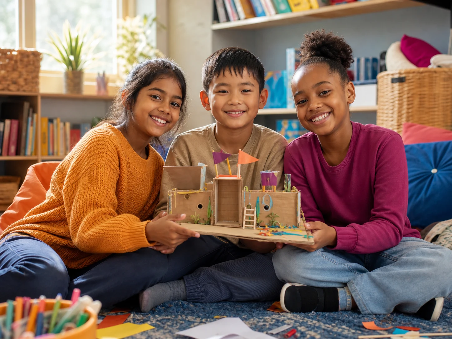 Children proudly presenting a model they created together