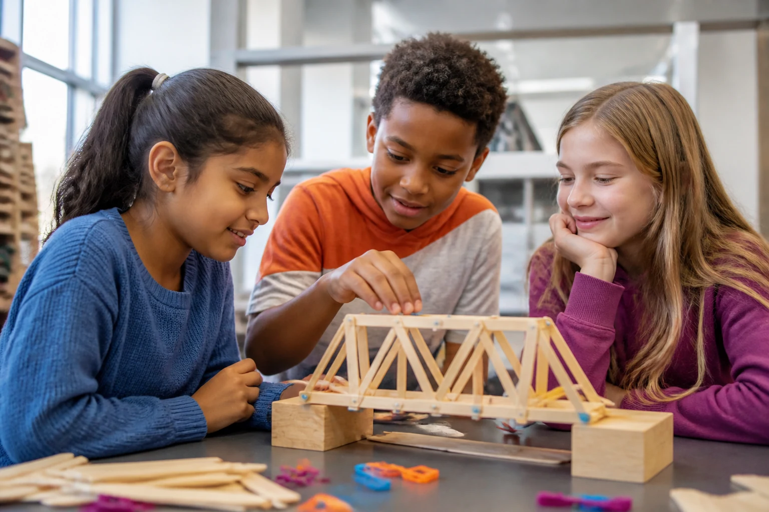 Children testing a bridge built from wooden craft sticks