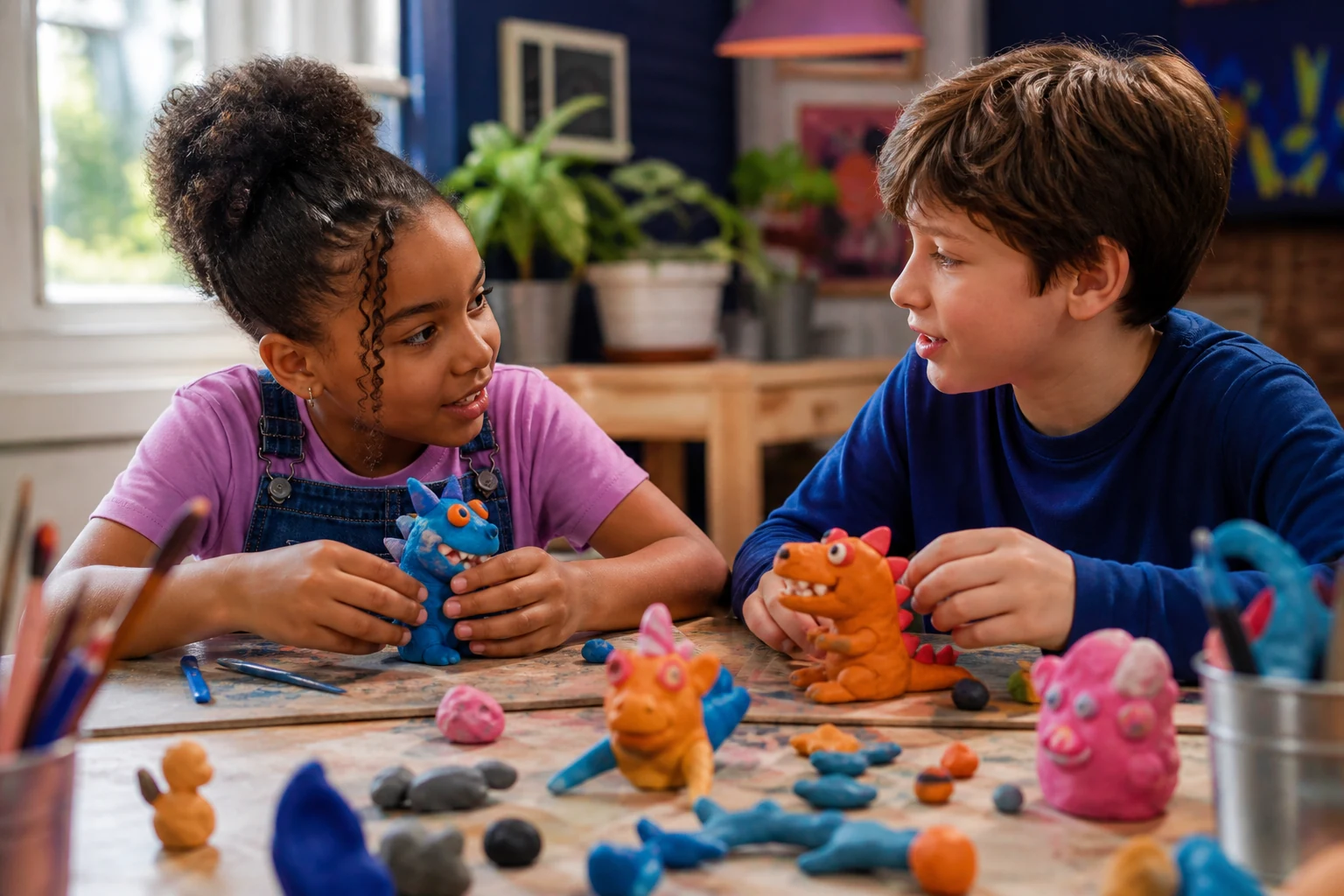 Children sharing ideas while making colourful clay creatures